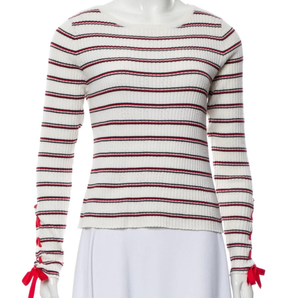 Sandro Striped Bateau Neckline Black, Red, Ivory Top S